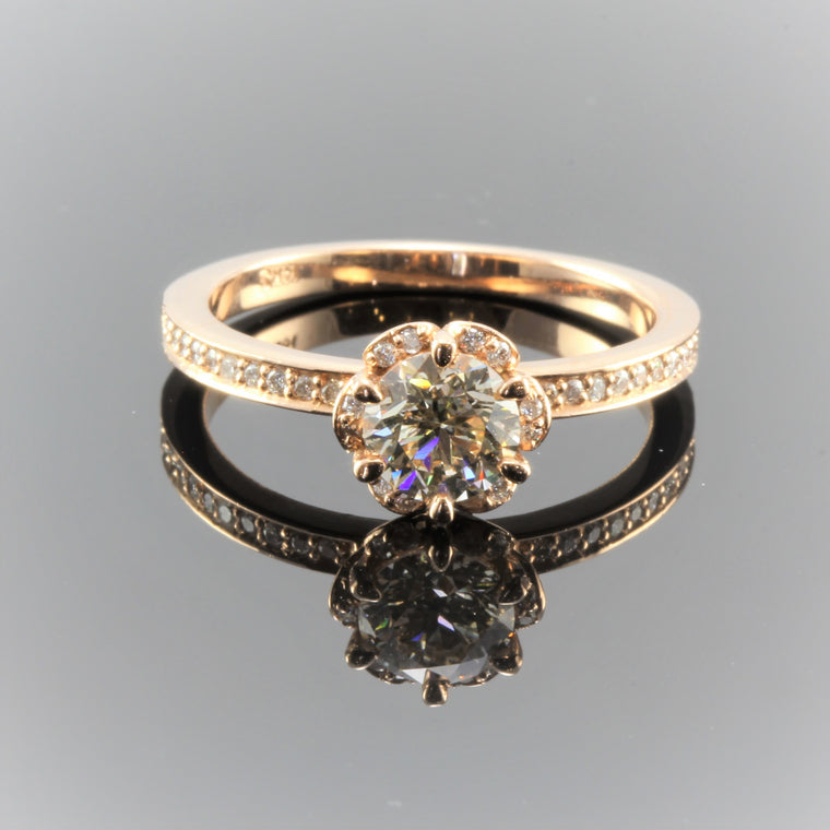 14k Rose Gold Round Diamond With Diamond Flower Design and Diamond Shank Engagement Ring (.85ct)