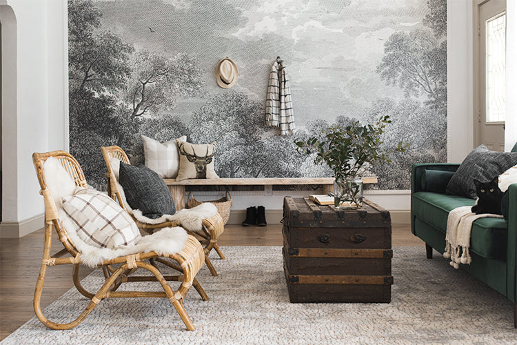 Jenna Sue Design living room with wall mural and trunk table