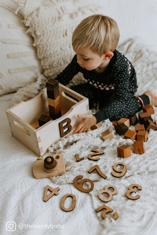 Wooden Alphabet Blocks and personalized toy crate @thenerdyboho Smiling Tree Toys