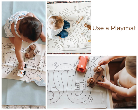 using a playmat with wooden toy cars