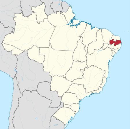 Map of South America highlighting the Paraiba region of Brazil in red.