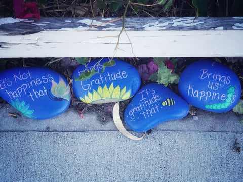 Coloured stones with writing that reminds of us that being grateful for the little things brings happiness.