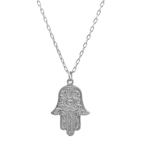 Hamsa Hand with Eye Necklace in Silver finish against a clear background.