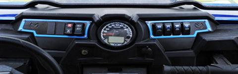 Blue gauge bezels on a UTV dashboard, adding a sleek and vibrant touch to the instrument cluster for enhanced style.