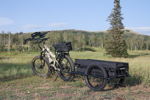 Bakcou's Folding Cargo Trailer, an enclosed eBike cargo trailer, in mountainous setting