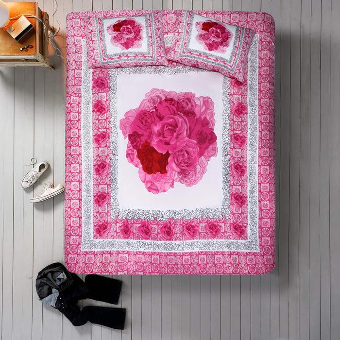 Pink Rose Panel Cotton Sateen Bedsheet Set