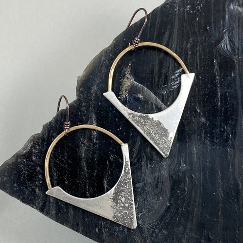 Silver & Brass Circle Triangle Textured Earrings made in Bend Oregon by Junk to Jems