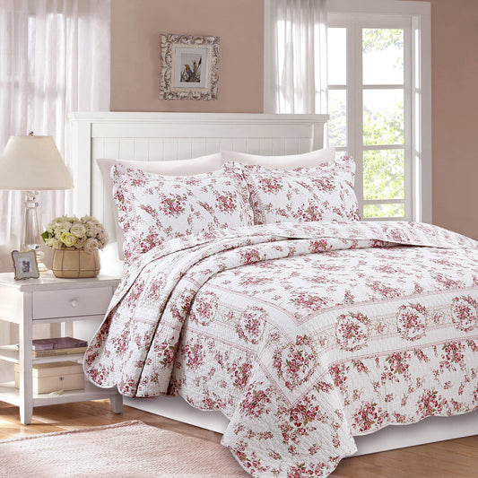 Vintage Rose Floral Cotton Quilted Scalloped 3-Piece Reversible Quilt –  Cozy Line Home Fashions