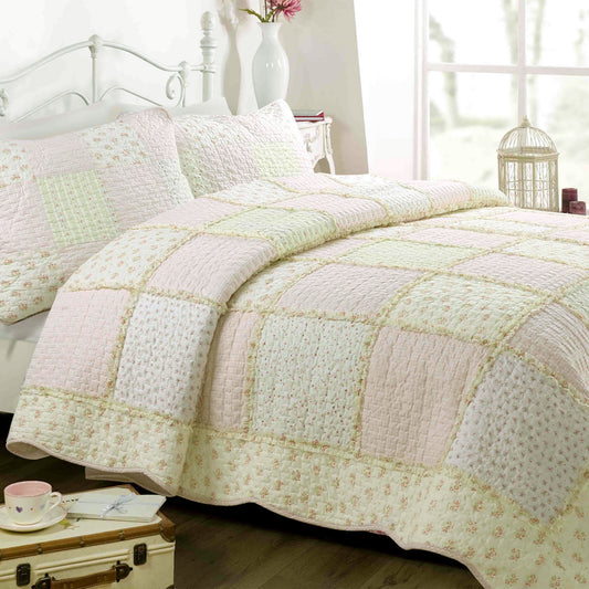 Wild Rose Enchantment Floral Bloom Garden Stripe Real Patchwork Reversible  Quilt Bedding Set