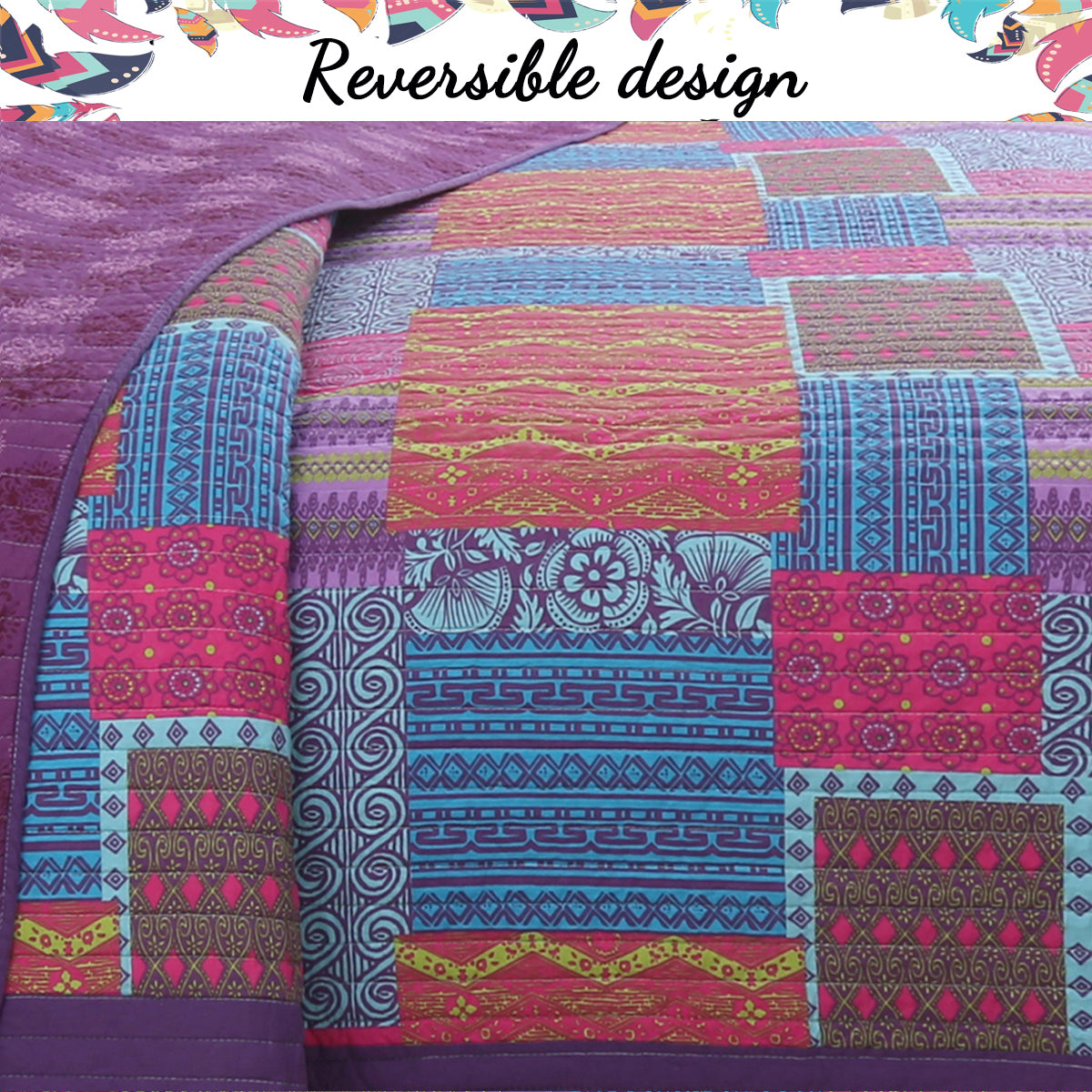 Aldiana Purple 3-Piece Print Patchwork Cotton Reversible Quilt Bedding Set