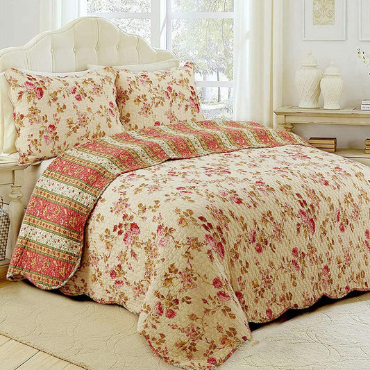 VIVILINEN Blue Floral Patchwork Quilt Set, Full Queen Size, 3 Piece Bedding  Set with 2 Pillowcases