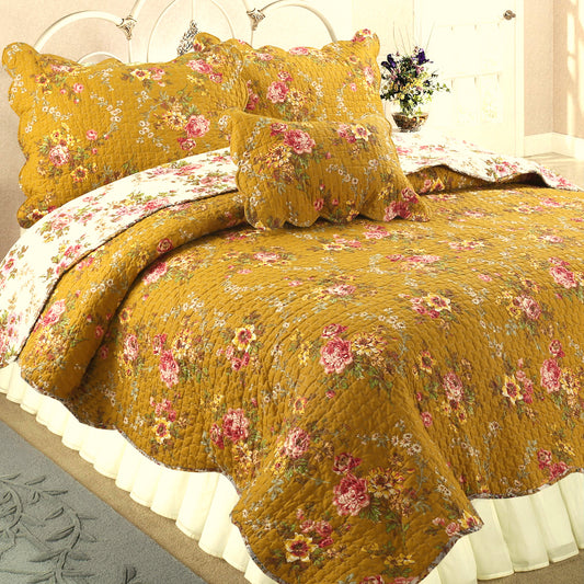 Vintage Rose Floral Cotton Quilted Scalloped 3-Piece Reversible Quilt –  Cozy Line Home Fashions