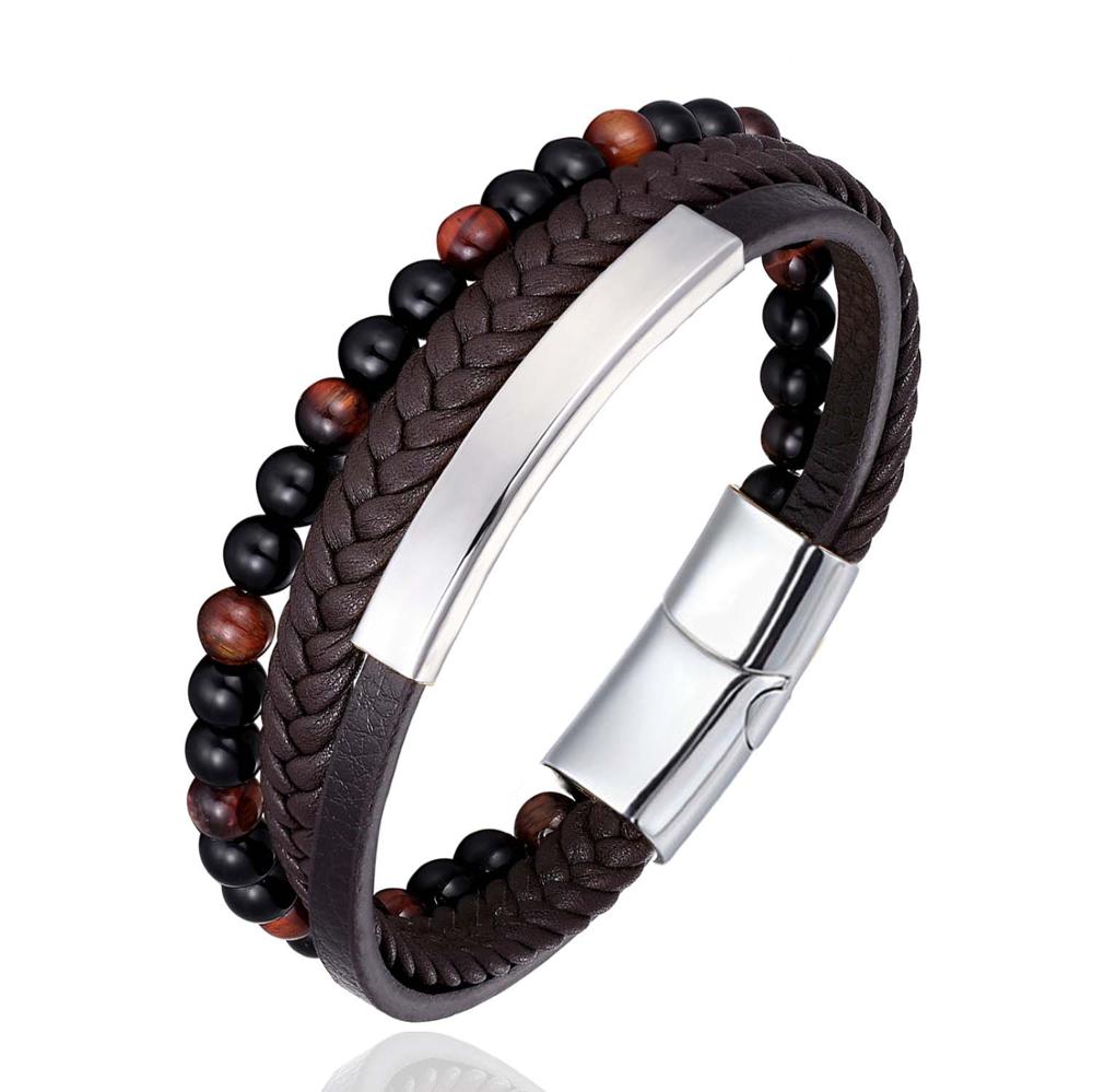 New 6MM Natural Stone Men Bracelet Multi-layer Handmade Weaved Leather Rope Chain Stainless Steel Bangle Male Jewelry Gifts
