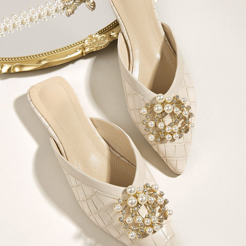 Beige pearl embellished flat mules