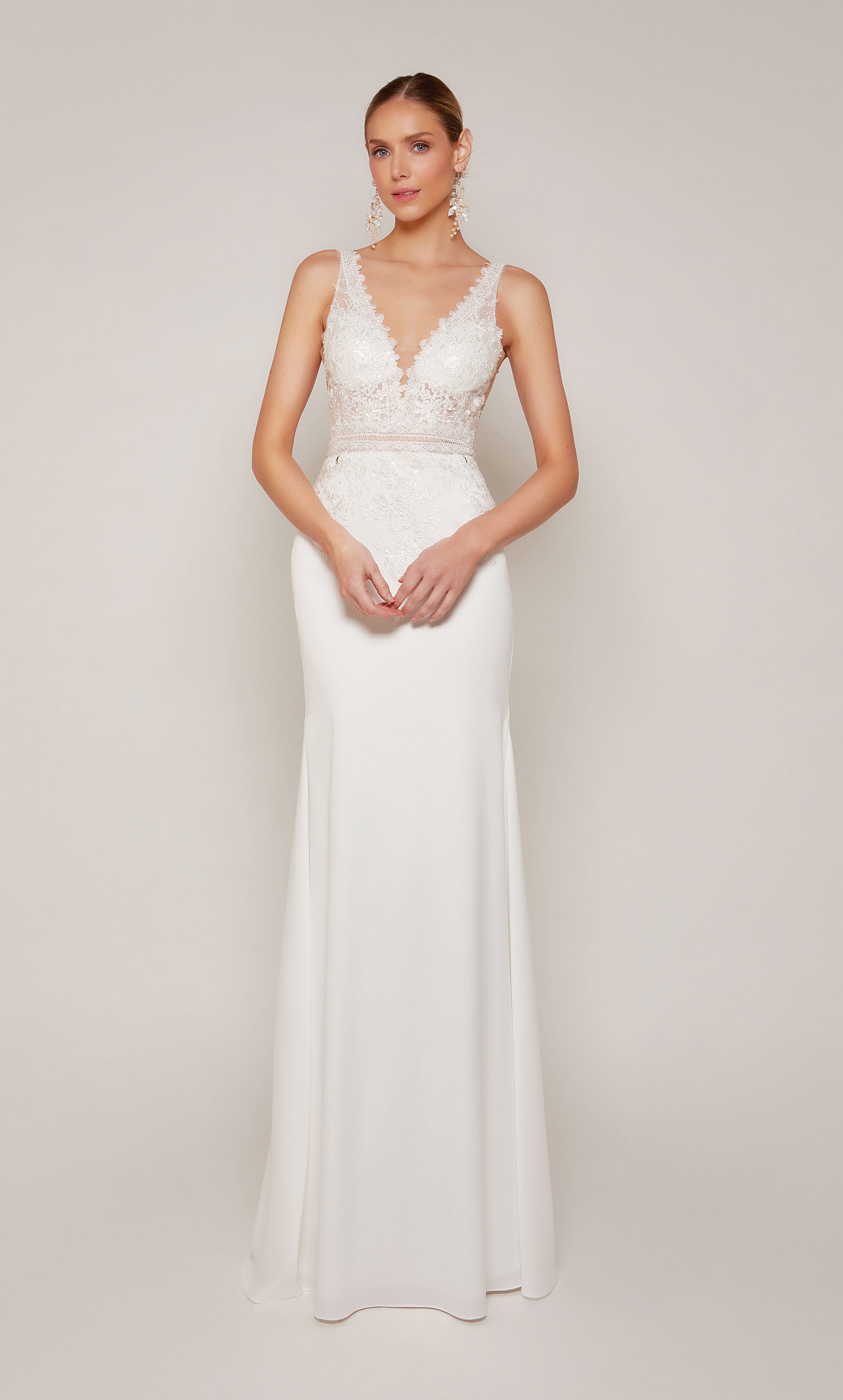 Formal Dress: 7029. Long Wedding Dress, Plunging Neckline, Fit N