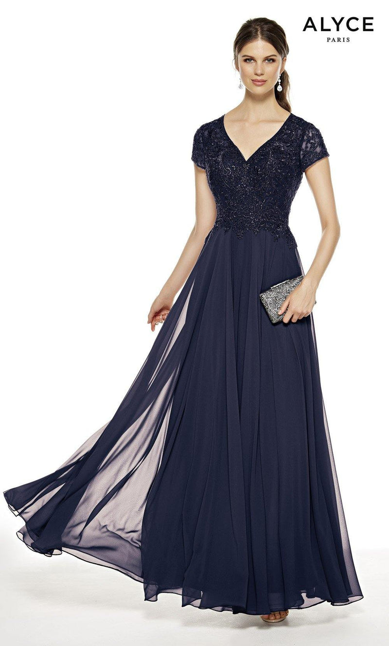 Formal Dress: 27389. Long, V-Neck, Flowy, Enclosed Back | Alyce Paris