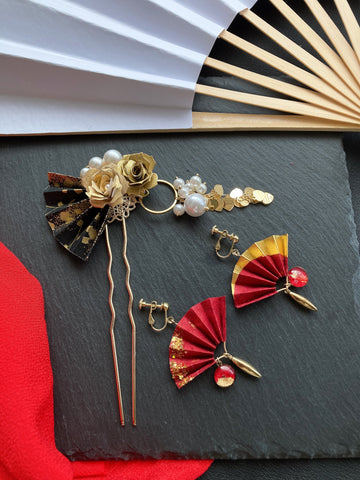真っ赤な和紙の扇形イヤリングと黒と金色の豪華な簪のセット商品