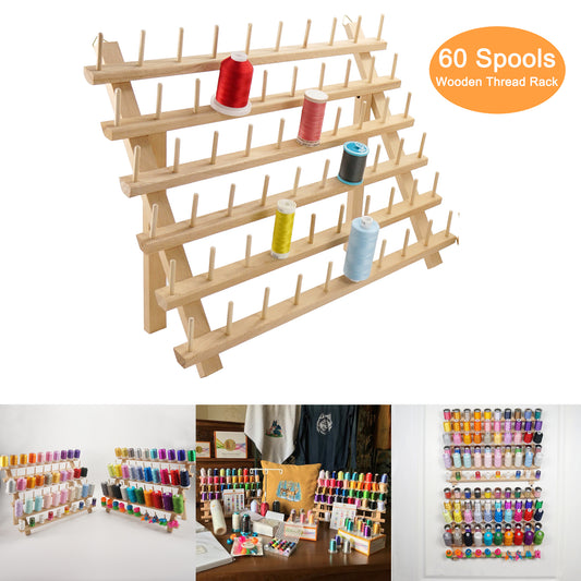 New Brothread 60 Spools Wooden Thread Rack/Thread Holder Organizer with  Hanging Hooks for Embroidery Quilting and Sewing Threads