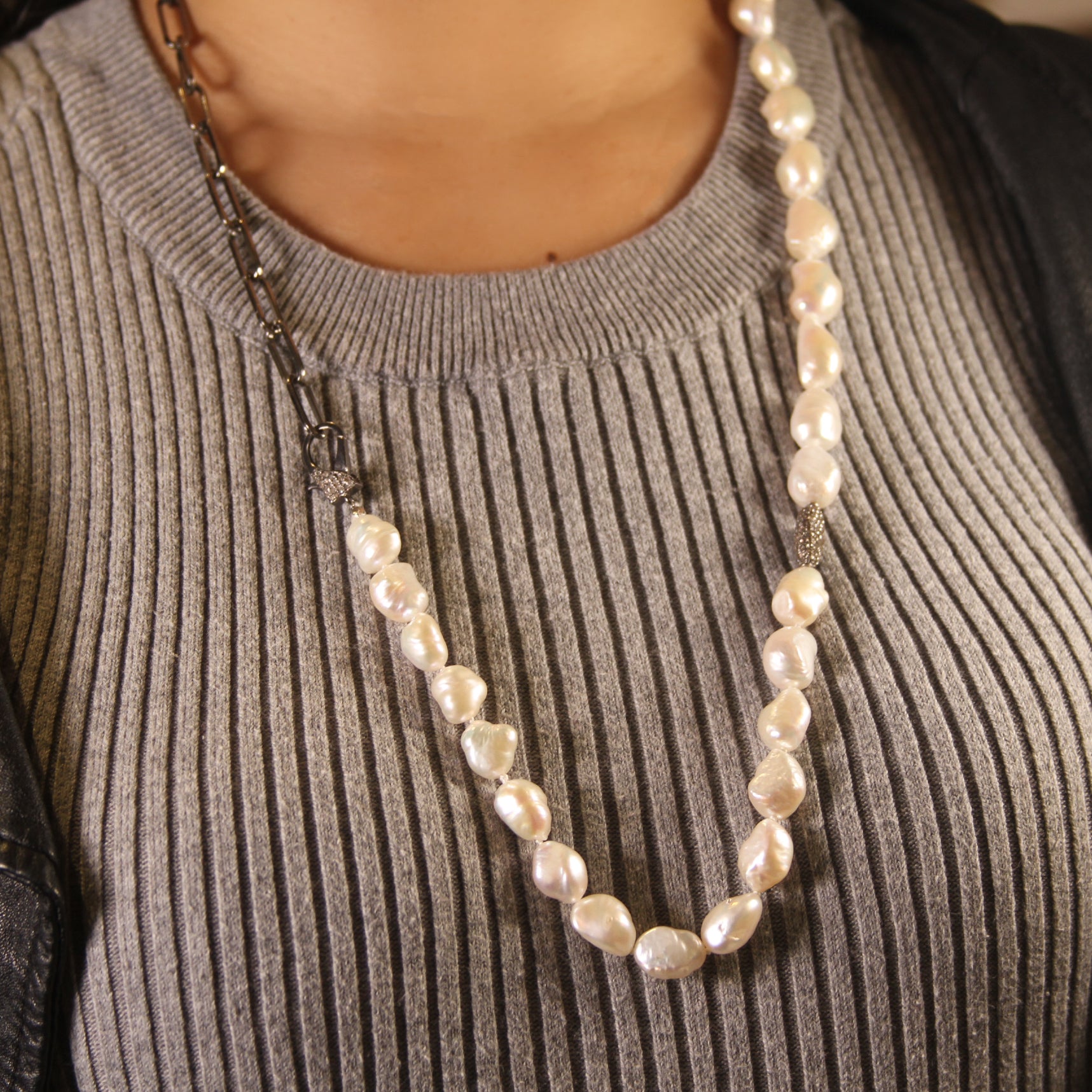 Pearl Pave Diamond Long Necklace