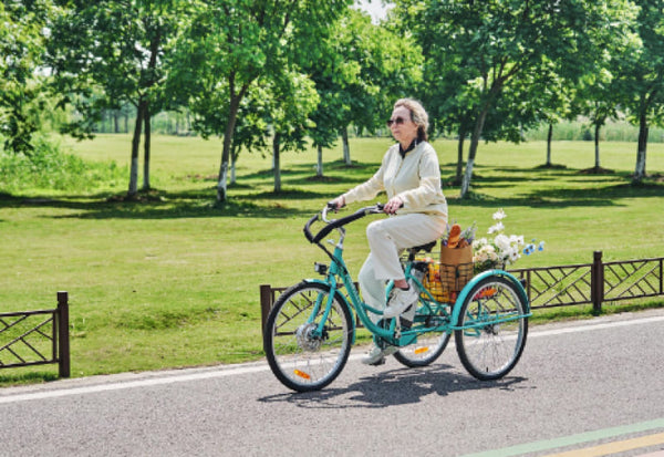 senior woman riding adult tricycle