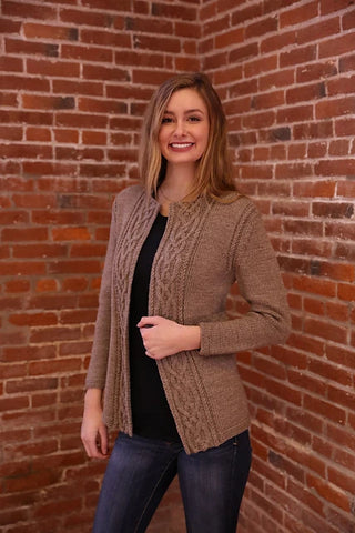 lady in beigh knit cardigan