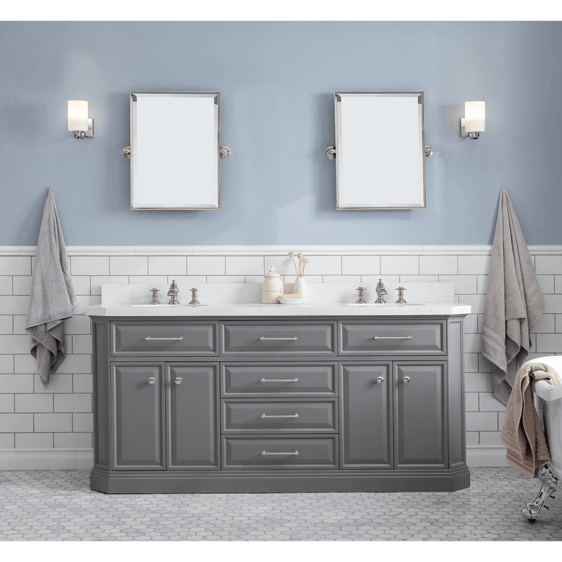 Water Creation 72" Palace Collection Quartz Carrara Cashmere Grey Bathroom Vanity Set with Hardware and F2-0013 Faucets in Polished Nickel (PVD) Finish PA72C-0513CG - Model Bath