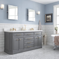 Water Creation 72" Palace Collection Quartz Carrara Cashmere Grey Bathroom Vanity Set with Hardware and F2-0013 Faucets in Satin Gold Finish and Only Mirrors in Chrome Finish PA72C-0613CG - Model Bath