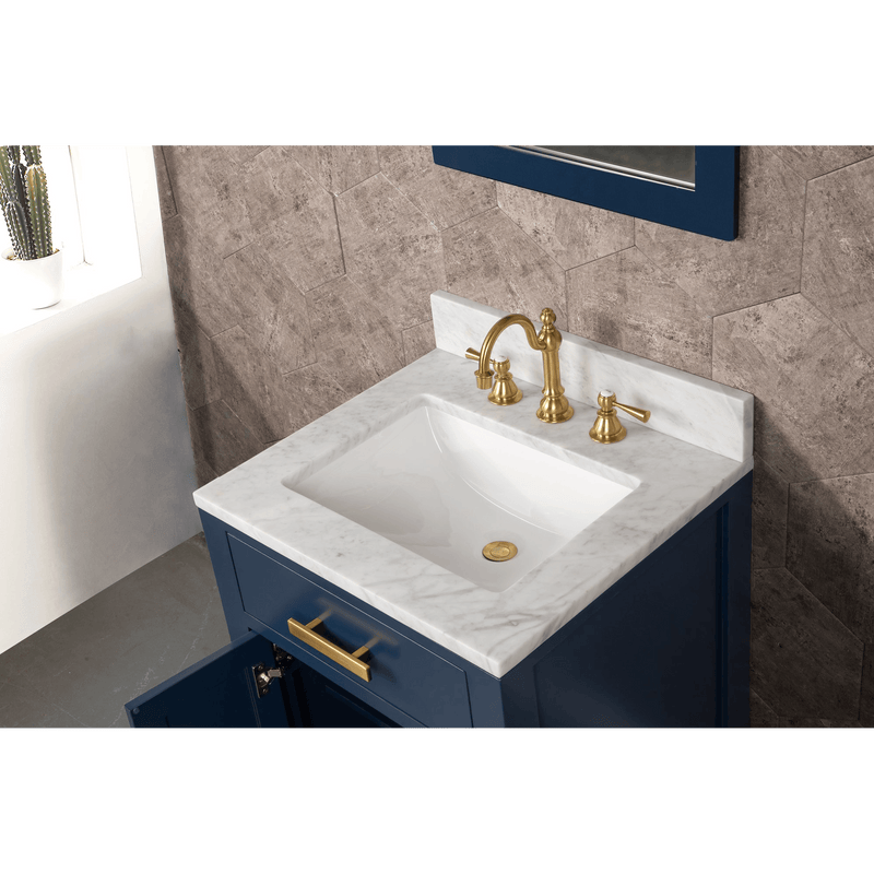 Water Creation Madison 24" Single Sink Carrara White Marble Vanity in Monarch Blue with Matching Mirror and F2-0012-06-TL Lavatory Faucet VMI024CWMB33 - Model Bath