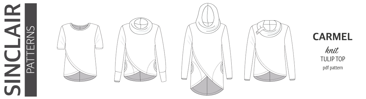 Carmel knit tulip style top with a cowl or a hood and pockets pdf sewing pattern