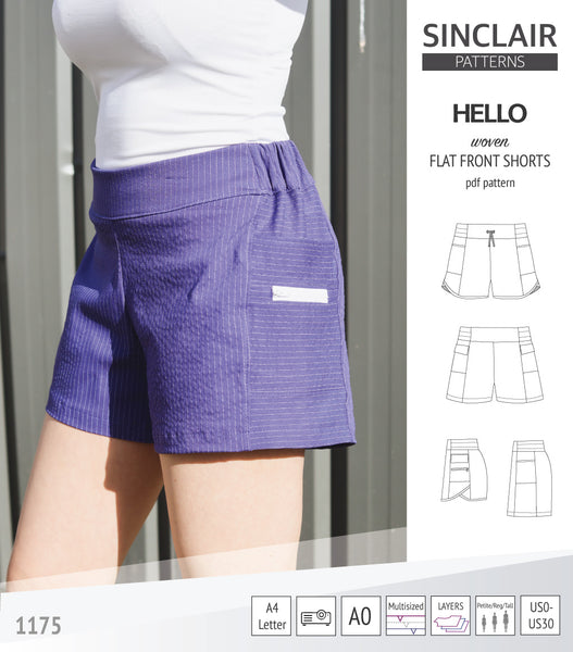 Hello flat front elastic back woven shorts with side panels (pdf sewing ...