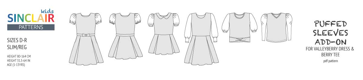 Pdf sewing pattern Add-on pack puffed sleeves for Valleyberry dress and Berry tee for children
