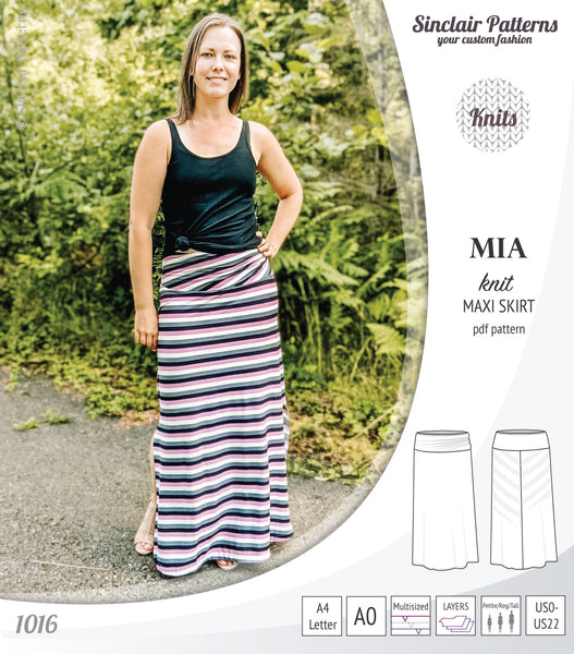Mia knit maxi skirt with side slits and yoga style waistband (PDF) -  Sinclair Patterns