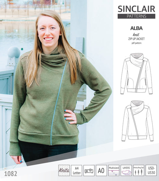 Alba zip up knit asymmetrical jacket with a cowl and side pockets (PDF - Sinclair Patterns
