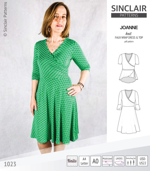 Joanne faux wrap knit dress with flared skirt (PDF) - Sinclair Patterns