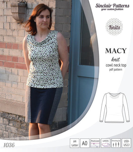 Macy knit semi fitted cowl neck top (PDF) - Sinclair Patterns