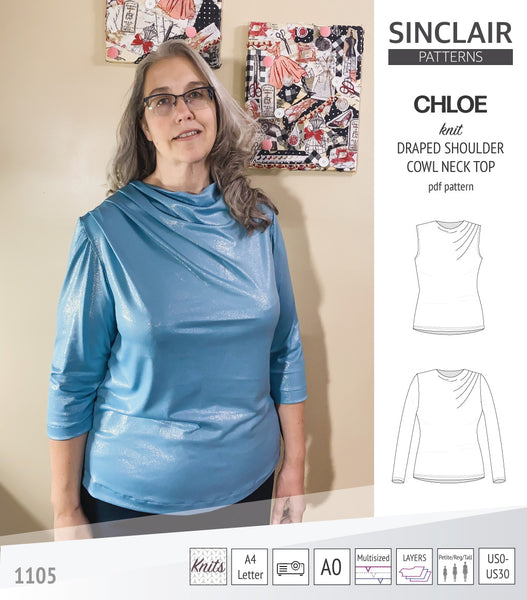 Chloe draped shoulder top with a high cowl neck (PDF) - Sinclair Patterns