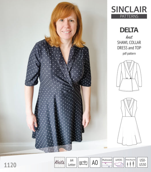 Delta knit shawl collar dress and top with princess seams (PDF ...