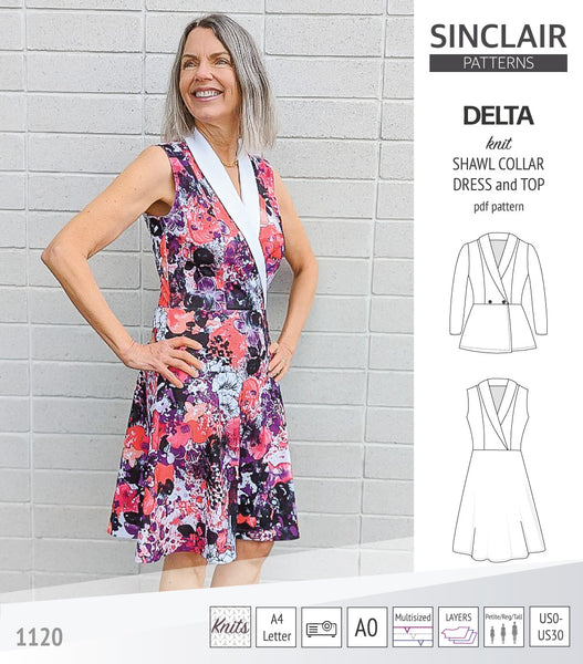Delta knit shawl collar dress and top with princess seams (PDF ...