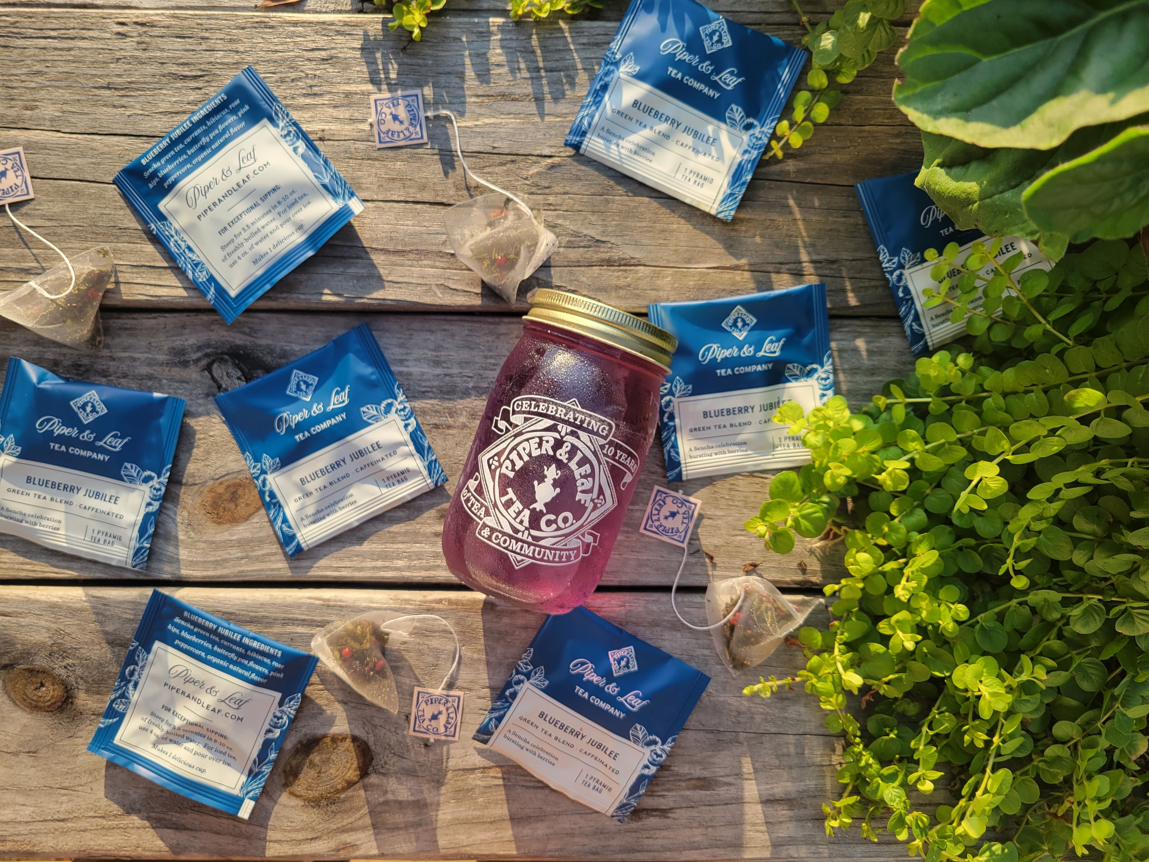 A jar of vibrant purple, iced Piper and Leaf, Blueberry jubilee tea sitting on a picnic table surrounded by individually wrapped tea bags of Blueberry Jubilee
