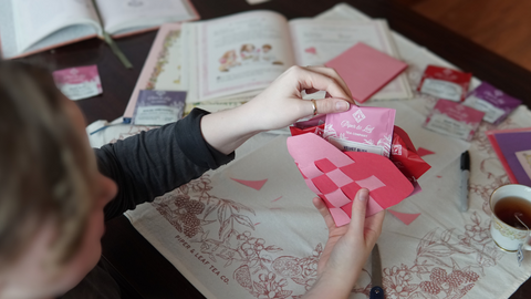 Piper and Leaf crafter filling DIY galentine valentine craft with seaonal chocolate strawberry tea Velvet Bliss