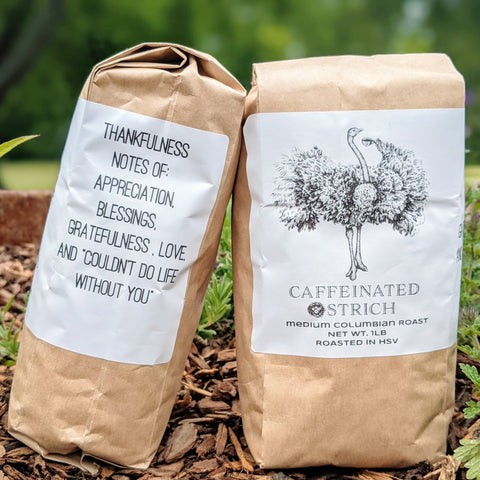 A bag of medium roast coffee by Caffeinated Ostrich 