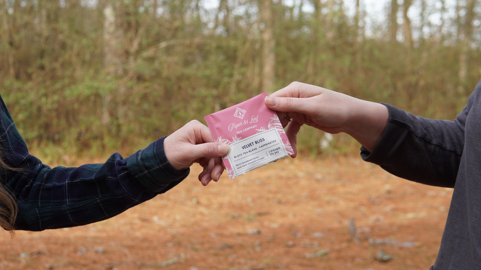 Two people holding a bag of seasonal chocolate strawberry tea Velvet Bliss