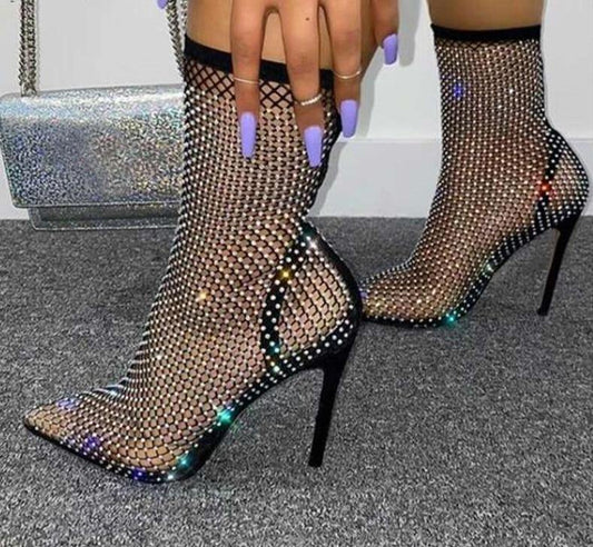 Bling Rhinestone Mesh Pointed toe Ankle Boots Stiletto High Heels