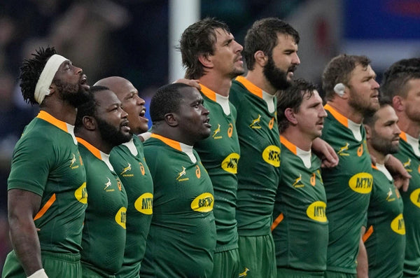 The South African springbok team celebrates their heritage this day by singing the National Anthem