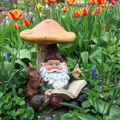 Sunnydaze Book Worm Bernard the Outdoor Garden Gnome with Mushroom and Solar Light
