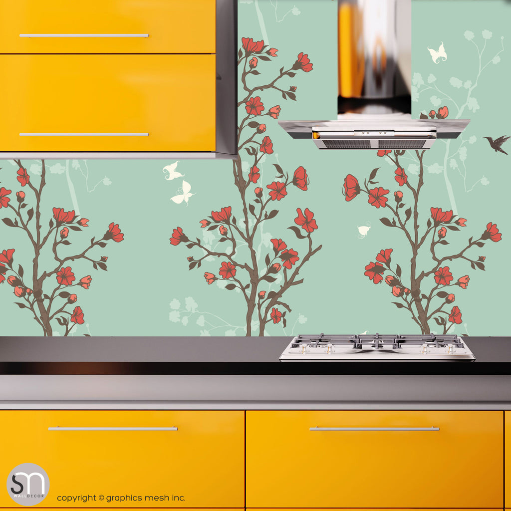 JAPANESE GARDEN OF FLOWERS - Peel & Stick Wallpaper | GraphicsMesh