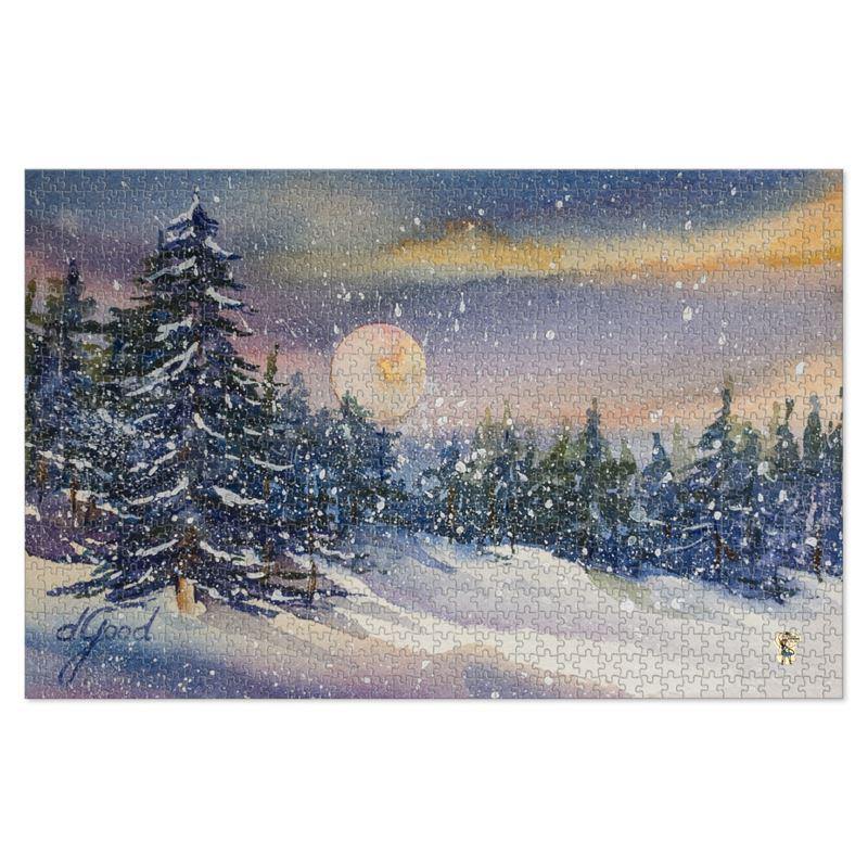 Jigsaw Puzzle in Tin Box | Winter Moon in Pine Valley | Texas Watercolor | Rodeo Queen Fine Art - Rodeo Queen Fine Art