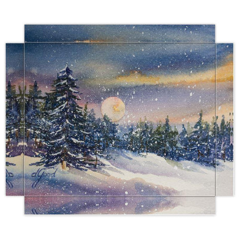 Mini Canvas Art Deco Wall Hanging Painting Prints  | Winter Moon in Pine Valley | Texas Watercolor | Rodeo Queen Fine Art - Rodeo Queen Fine Art