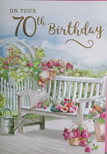 Age 70 Female Birthday Card 70th Birthday Pink Yellow Flowers Glitter  7.75x5.25” 