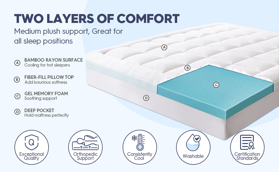 3 inch dual layer gel memory foam mattress topper plush cooling bamboo pillow top cover comfort support mattress pad with deep pocket back pain relief